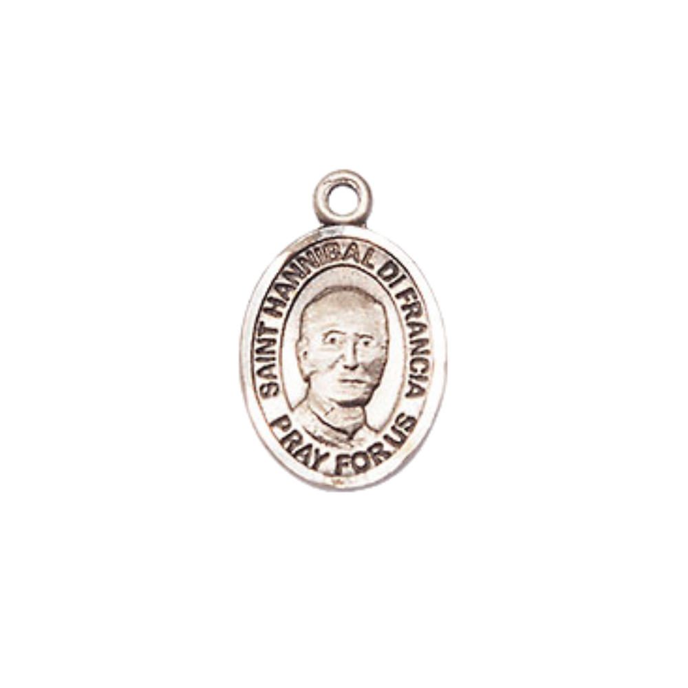 Small Sized Women's .925 Sterling Silver Saint St. Hannibal Medal Pendant on 18 Inch Rhodium Plated Lite Curb Brass Chain with Lobster Claw Clasp, Catholic Religious Necklace - Made in USA- Velvet Gift Box