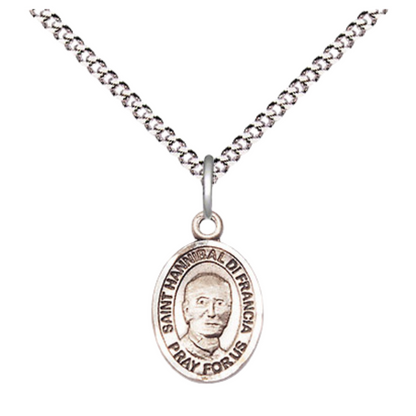 Small Sized Women's Pewter Saint St. Hannibal Medal Pendant on 18 Inch Rhodium Plated Lite Curb Brass Chain with Lobster Claw Clasp, Catholic Religious Necklace - Made in USA- Velvet Gift Box