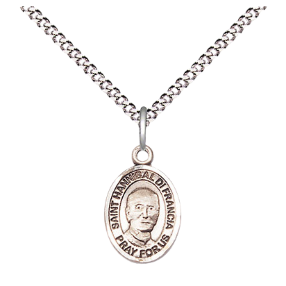 Small Sized Women's .925 Sterling Silver Saint St. Hannibal Medal Pendant on 18 Inch Rhodium Plated Lite Curb Brass Chain with Lobster Claw Clasp, Catholic Religious Necklace - Made in USA- Velvet Gift Box