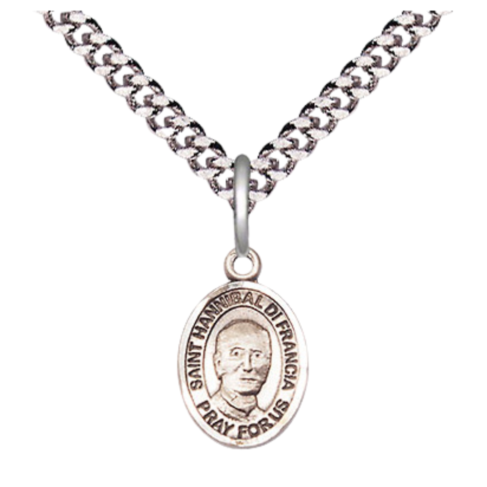 Small Sized Men's Pewter Saint St. Hannibal Medal Pendant on 24 Inch Endless Rhodium Plated Heavy Curb Brass Chain, Catholic Religious Necklace - Made in USA- Deluxe Velvet Gift Box