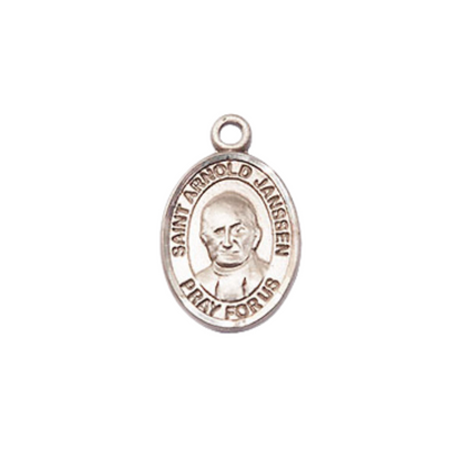 Small Sized Women's Pewter Saint Arnold Janssen Medal Pendant on 18 Inch Rhodium Plated Lite Curb Brass Chain with Lobster Claw Clasp, Catholic Religious Necklace - Made in USA- Velvet Gift Box