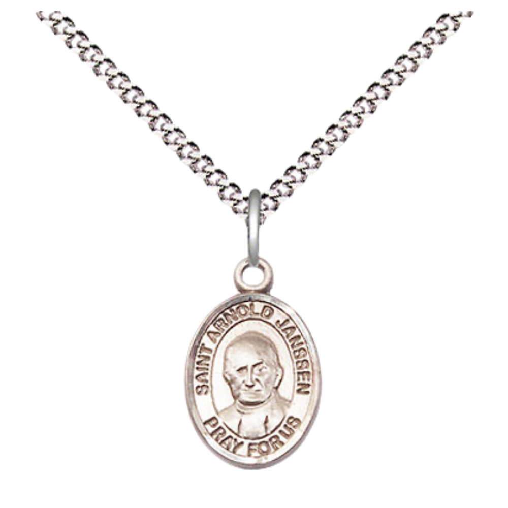 Small Sized Women's Pewter Saint Arnold Janssen Medal Pendant on 18 Inch Rhodium Plated Lite Curb Brass Chain with Lobster Claw Clasp, Catholic Religious Necklace - Made in USA- Velvet Gift Box