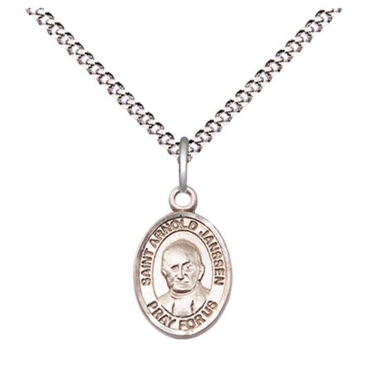 Small Sized Women's .925 Sterling Silver Saint St. Arnold Janssen Medal Pendant on 18 Inch Rhodium Plated Lite Curb Brass Chain with Lobster Claw Clasp, Catholic Religious Necklace - Made in USA- Velvet Gift Box