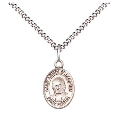 Small Sized Women's .925 Sterling Silver Saint St. Arnold Janssen Medal Pendant on 18 Inch Rhodium Plated Lite Curb Brass Chain with Lobster Claw Clasp, Catholic Religious Necklace - Made in USA- Velvet Gift Box