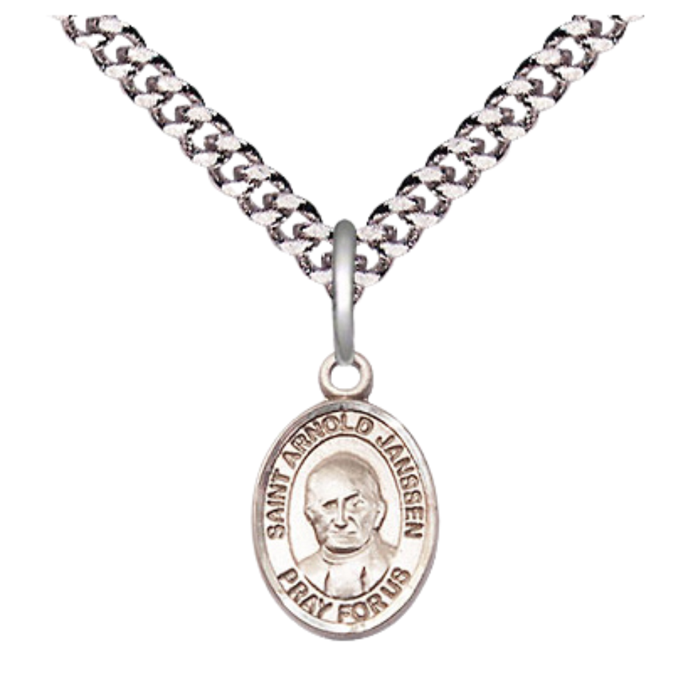 Small Sized Men's Pewter Saint St. Arnold Janssen Medal Pendant on 24 Inch Endless Rhodium Plated Heavy Curb Brass Chain, Catholic Religious Necklace - Made in USA- Deluxe Velvet Gift Box