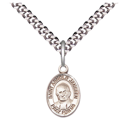 Small Sized Men's Pewter Saint St. Arnold Janssen Medal Pendant on 24 Inch Endless Rhodium Plated Heavy Curb Brass Chain, Catholic Religious Necklace - Made in USA- Deluxe Velvet Gift Box