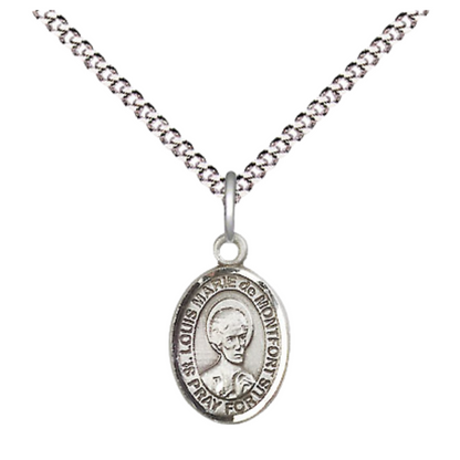 Small Sized Women's .925 Sterling Silver Saint St. Louis Marie de Montfort Medal Pendant on 18 Inch Rhodium Plated Lite Curb Brass Chain w/ Lobster Claw Clasp, Catholic Religious Necklace - Made in USA- Velvet Gift Box