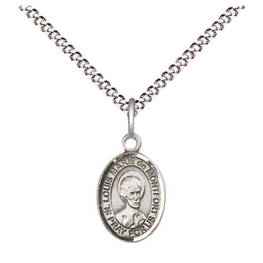 Small Sized Women's Pewter Saint St. Louis Marie de Montfort Medal Pendant on 18 Inch Rhodium Plated Lite Curb Brass Chain with Lobster Claw Clasp, Catholic Religious Necklace - Made in USA- Velvet Gift Box