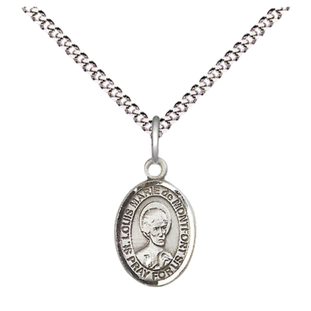 Small Sized Women's .925 Sterling Silver Saint St. Louis Marie de Montfort Medal Pendant on 18 Inch Rhodium Plated Lite Curb Brass Chain w/ Lobster Claw Clasp, Catholic Religious Necklace - Made in USA- Velvet Gift Box