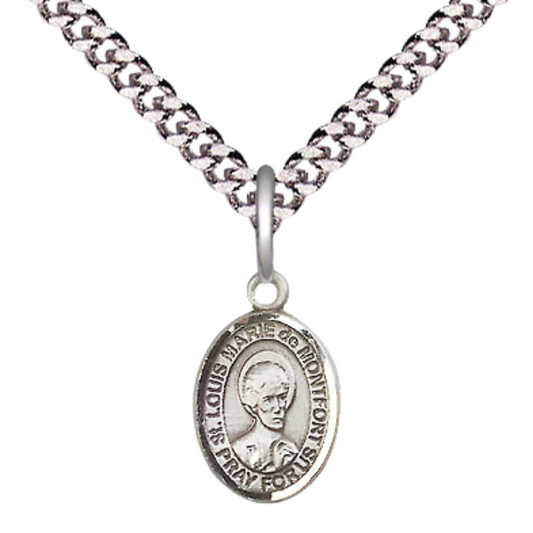 Small Sized Men's Pewter Saint St. Louis Marie de Montfort Medal Pendant on 24 Inch Endless Rhodium Plated Heavy Curb Brass Chain, Catholic Religious Necklace - Made in USA- Deluxe Velvet Gift Box