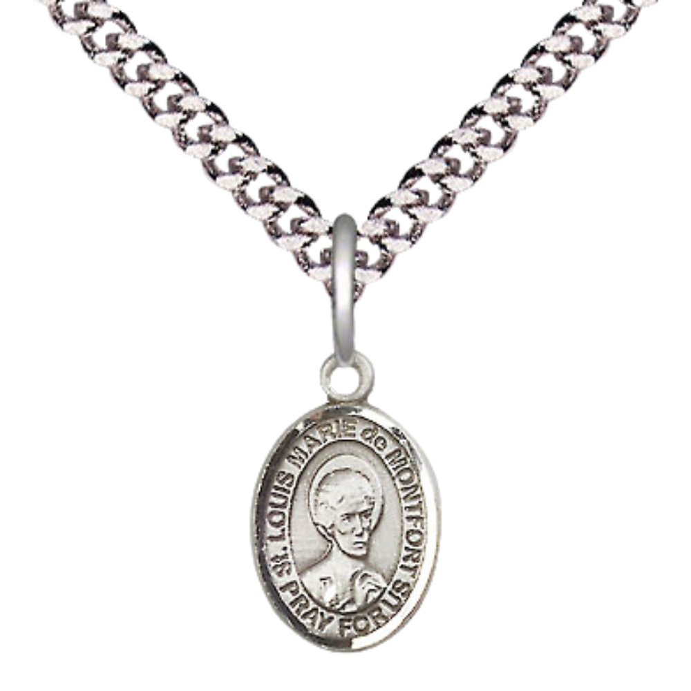 Small Sized Men's .925 Sterling Silver Saint St. Louis Marie de Montfort Medal Pendant on 24 Inch Endless Rhodium Plated Heavy Curb Brass Chain, Catholic Religious Necklace - Made in USA- Deluxe Velvet Gift Box