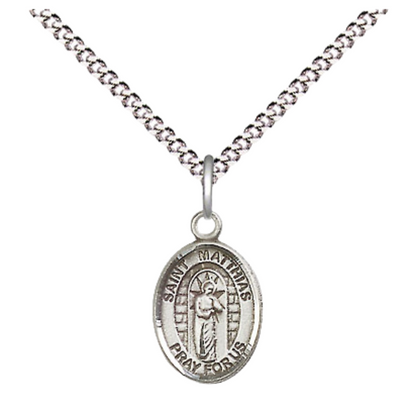 Small Sized Women's .925 Sterling Silver Saint St. Matthias the Apostle Medal Pendant on 18 Inch Rhodium Plated Lite Curb Brass Chain with Lobster Claw Clasp, Catholic Religious Necklace - Made in USA- Velvet Gift Box