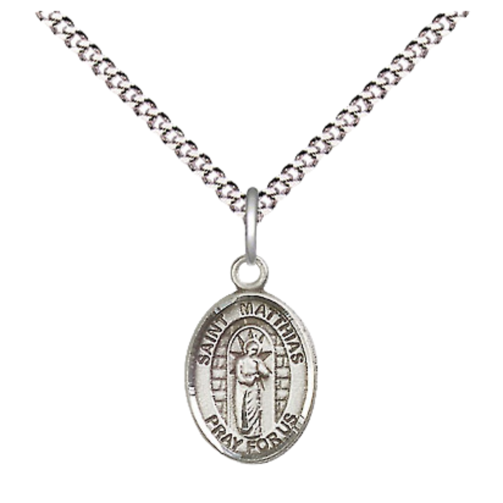 Small Sized Women's Pewter Saint Matthias the Apostle Medal Pendant on 18 Inch Rhodium Plated Lite Curb Brass Chain with Lobster Claw Clasp, Catholic Religious Necklace - Made in USA- Velvet Gift Box