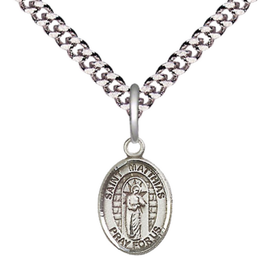 Small Sized Men's Pewter Saint St. Matthias the Apostle Medal Pendant on 24 Inch Endless Rhodium Plated Heavy Curb Brass Chain, Catholic Religious Necklace - Made in USA- Deluxe Velvet Gift Box