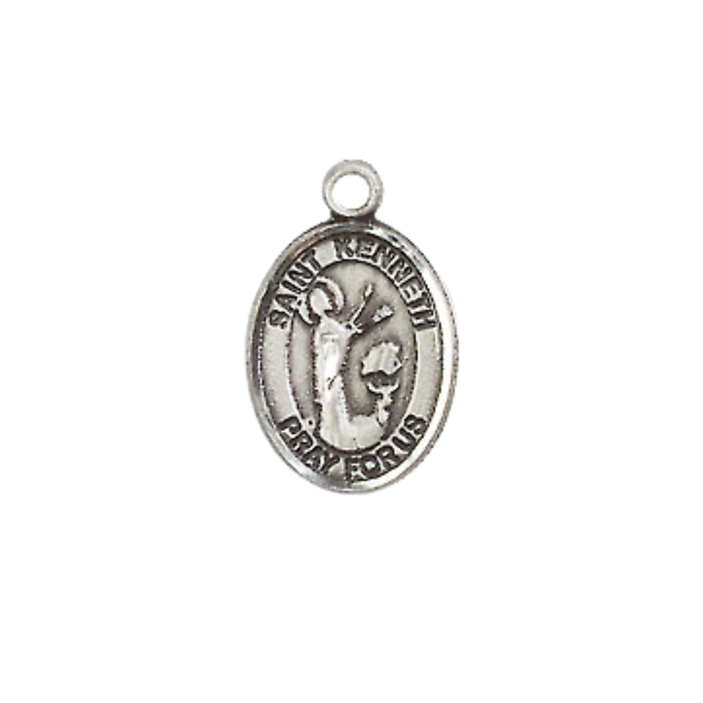 Small Sized Women's .925 Sterling Silver Saint St. Kenneth Medal Pendant on 18 Inch Rhodium Plated Lite Curb Brass Chain with Lobster Claw Clasp, Catholic Religious Necklace - Made in USA- Velvet Gift Box