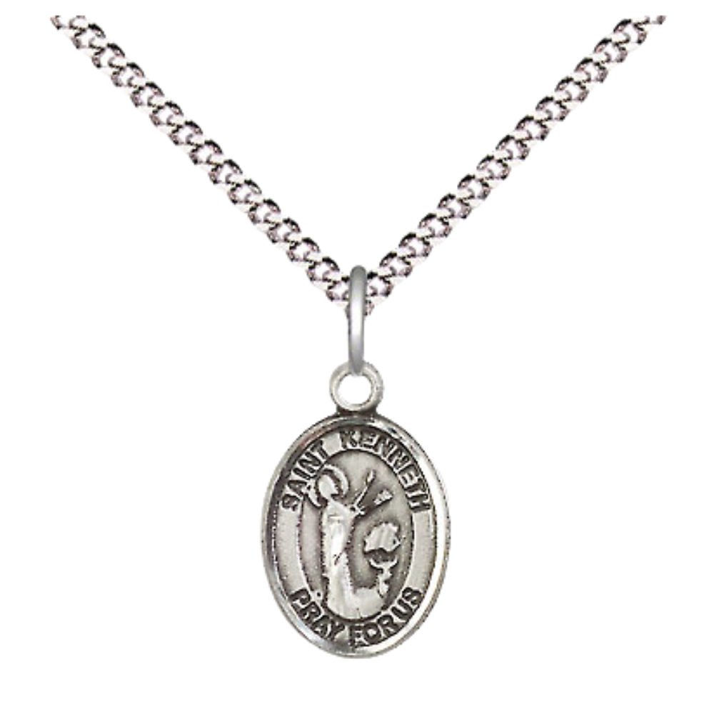 Small Sized Women's Pewter Saint St. Kenneth Medal Pendant on 18 Inch Rhodium Plated Lite Curb Brass Chain with Lobster Claw Clasp, Catholic Religious Necklace - Made in USA- Velvet Gift Box