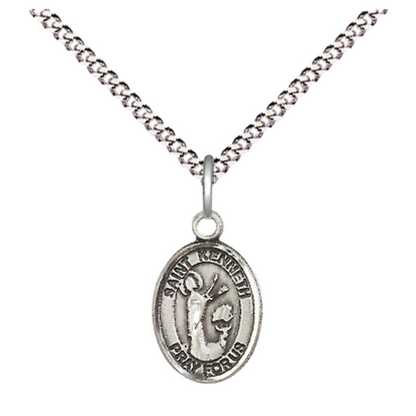 Small Sized Women's Pewter Saint St. Kenneth Medal Pendant on 18 Inch Rhodium Plated Lite Curb Brass Chain with Lobster Claw Clasp, Catholic Religious Necklace - Made in USA- Velvet Gift Box