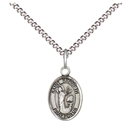 Small Sized Women's Pewter Saint St. Kenneth Medal Pendant on 18 Inch Rhodium Plated Lite Curb Brass Chain with Lobster Claw Clasp, Catholic Religious Necklace - Made in USA- Velvet Gift Box