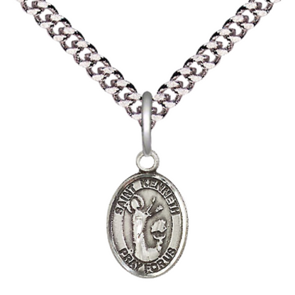 Small Sized Men's Pewter Saint St. Kenneth Medal Pendant on 24 Inch Endless Rhodium Plated Heavy Curb Brass Chain, Catholic Religious Necklace - Made in USA- Deluxe Velvet Gift Box