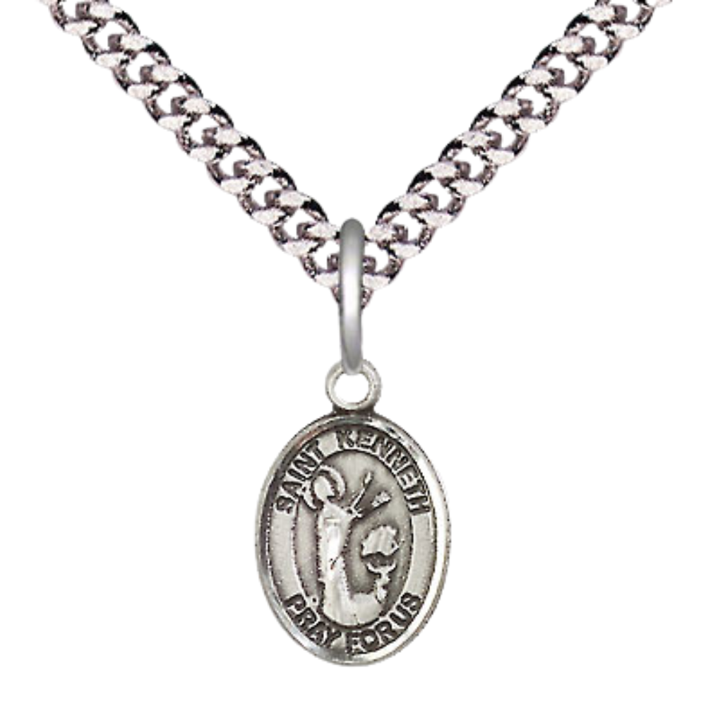 Small Sized Men's Pewter Saint St. Kenneth Medal Pendant on 24 Inch Endless Rhodium Plated Heavy Curb Brass Chain, Catholic Religious Necklace - Made in USA- Deluxe Velvet Gift Box