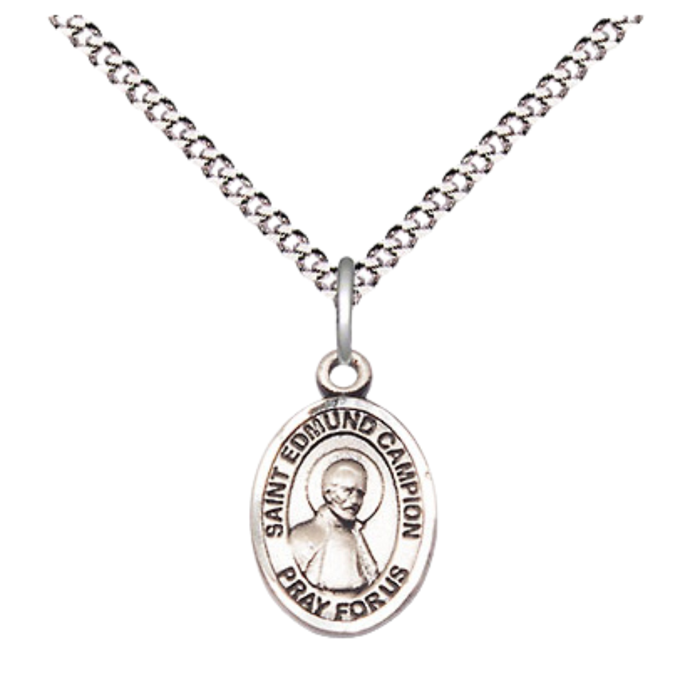 Small Sized Women's Pewter Saint St. Edmund Campion Medal Pendant on 18 Inch Rhodium Plated Lite Curb Brass Chain with Lobster Claw Clasp, Catholic Religious Necklace - Made in USA- Velvet Gift Box