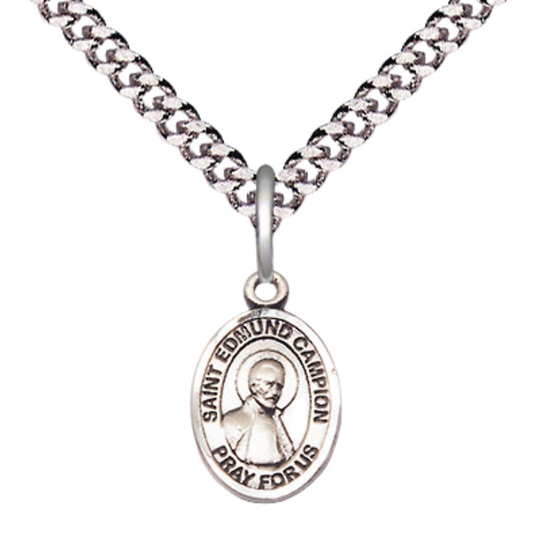 Small Sized Men's Pewter Saint Edmund Campion Medal Pendant on 24 Inch Endless Rhodium Plated Heavy Curb Brass Chain, Catholic Religious Necklace -Made in USA- Deluxe Velvet Gift Box