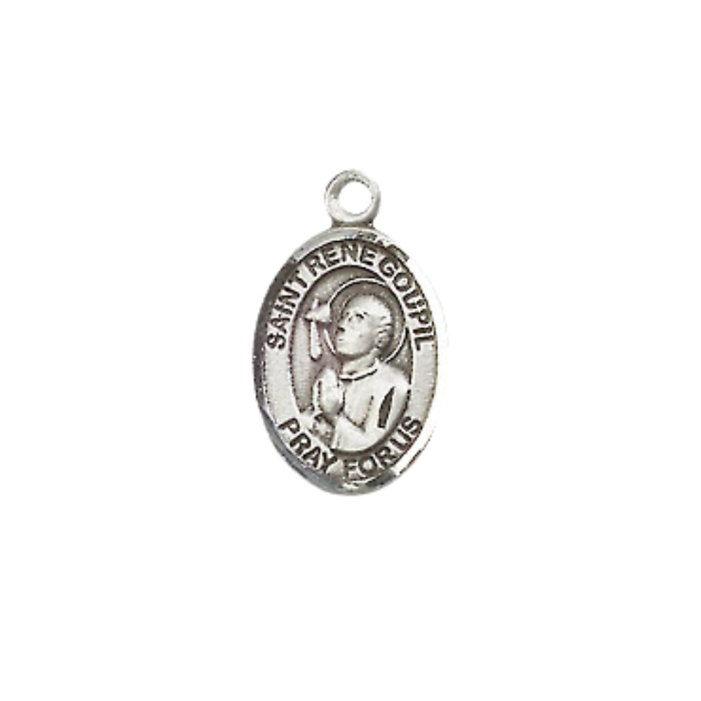 Small Sized Men's Pewter Saint St. Rene Goupil Medal Pendant on 24 Inch Endless Rhodium Plated Heavy Curb Brass Chain, Catholic Religious Necklace - Made in USA- Deluxe Velvet Gift Box