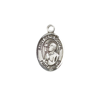 Small Sized Women's Pewter Saint St. Rene Goupil Medal Pendant on 18 Inch Rhodium Plated Lite Curb Brass Chain with Lobster Claw Clasp, Catholic Religious Necklace - Made in USA- Velvet Gift Box