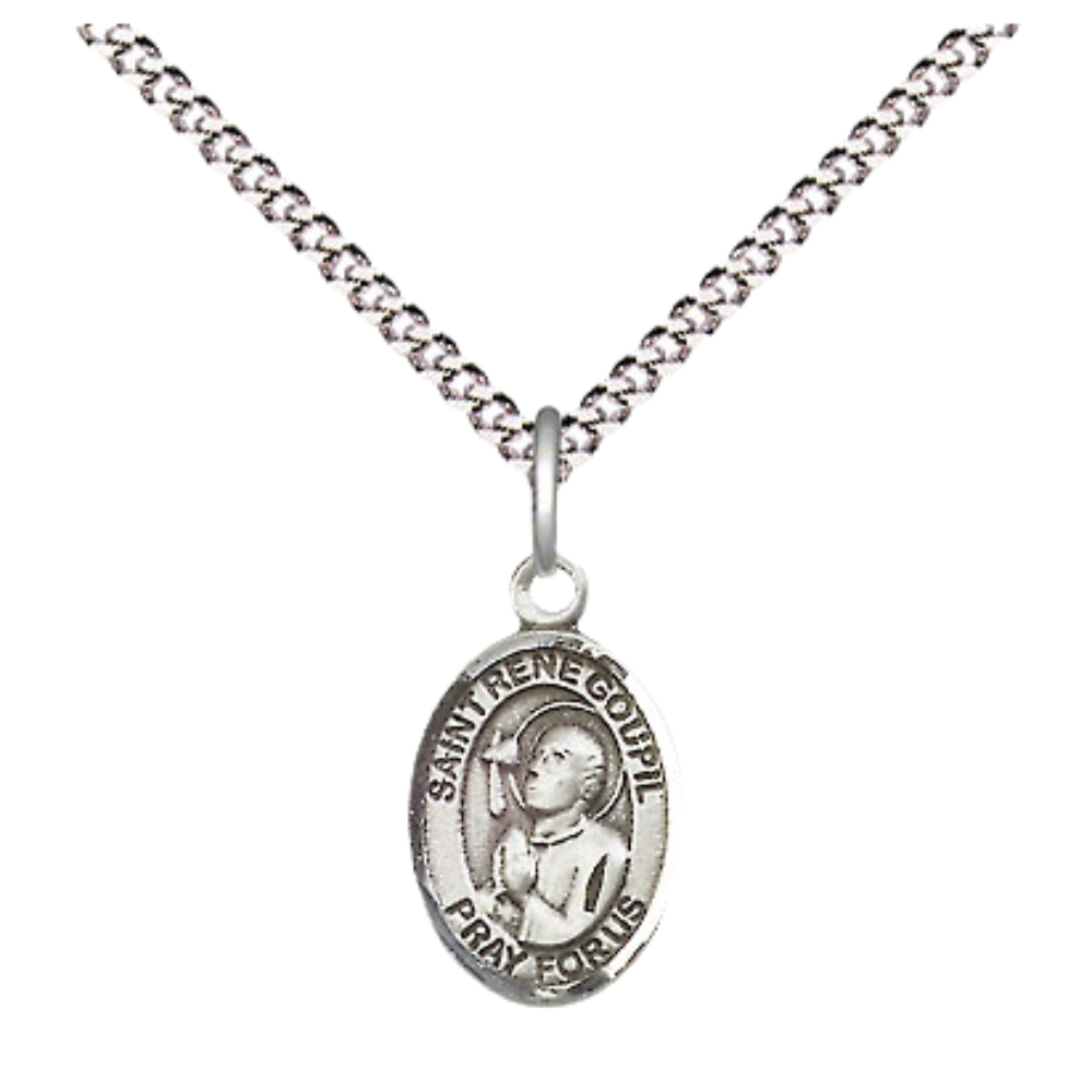 Small Sized Women's Pewter Saint St. Rene Goupil Medal Pendant on 18 Inch Rhodium Plated Lite Curb Brass Chain with Lobster Claw Clasp, Catholic Religious Necklace - Made in USA- Velvet Gift Box