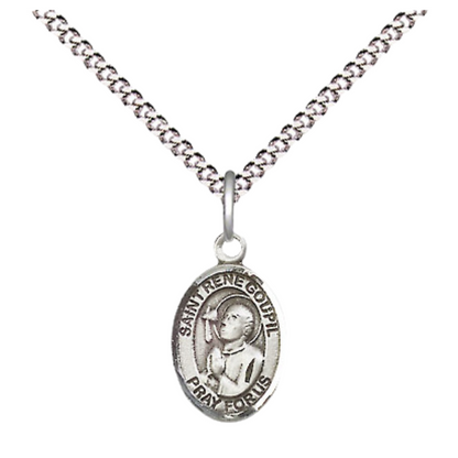 Small Sized Women's Pewter Saint St. Rene Goupil Medal Pendant on 18 Inch Rhodium Plated Lite Curb Brass Chain with Lobster Claw Clasp, Catholic Religious Necklace - Made in USA- Velvet Gift Box