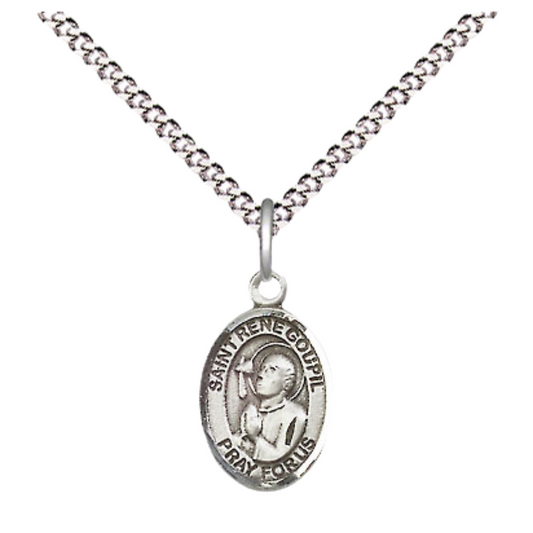 Small Sized Women's Pewter Saint St. Rene Goupil Medal Pendant on 18 Inch Rhodium Plated Lite Curb Brass Chain with Lobster Claw Clasp, Catholic Religious Necklace - Made in USA- Velvet Gift Box