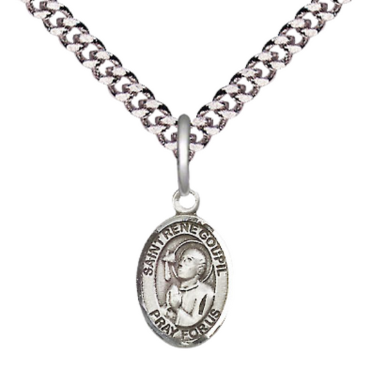 Small Sized Men's Pewter Saint St. Rene Goupil Medal Pendant on 24 Inch Endless Rhodium Plated Heavy Curb Brass Chain, Catholic Religious Necklace - Made in USA- Deluxe Velvet Gift Box