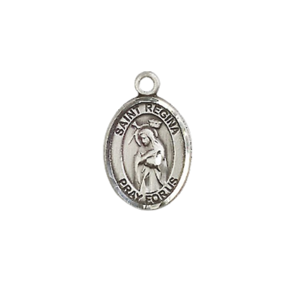 Small Sized Women's Pewter Saint St. Regina Medal Pendant on 18 Inch Rhodium Plated Lite Curb Brass Chain with Lobster Claw Clasp, Catholic Religious Necklace - Made in USA- Velvet Gift Box