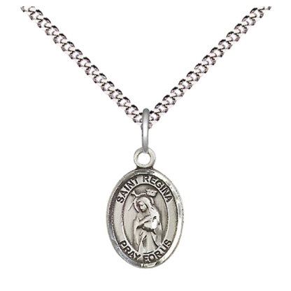 Small Sized Women's Pewter Saint St. Regina Medal Pendant on 18 Inch Rhodium Plated Lite Curb Brass Chain with Lobster Claw Clasp, Catholic Religious Necklace - Made in USA- Velvet Gift Box