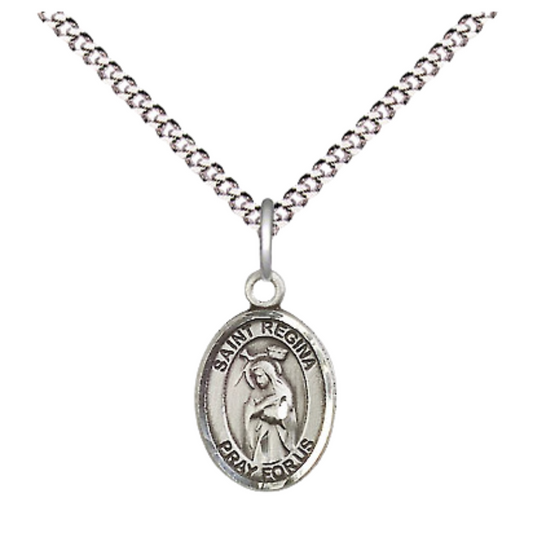 Small Sized Women's Pewter Saint St. Regina Medal Pendant on 18 Inch Rhodium Plated Lite Curb Brass Chain with Lobster Claw Clasp, Catholic Religious Necklace - Made in USA- Velvet Gift Box
