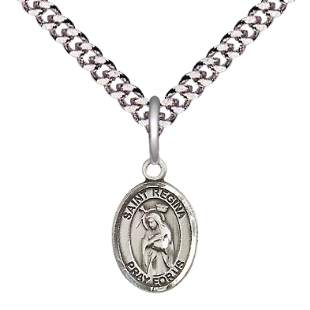Small Sized Men's Pewter Saint St. Regina Medal Pendant on 24 Inch Endless Rhodium Plated Heavy Curb Brass Chain, Catholic Religious Necklace - Made in USA- Deluxe Velvet Gift Box