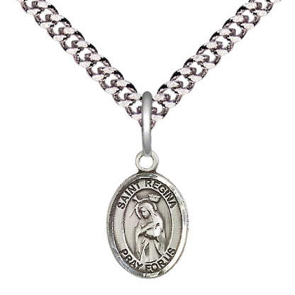 Small Sized Men's Pewter Saint St. Regina Medal Pendant on 24 Inch Endless Rhodium Plated Heavy Curb Brass Chain, Catholic Religious Necklace - Made in USA- Deluxe Velvet Gift Box