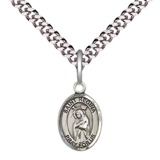 Small Sized Men's Pewter Saint St. Regina Medal Pendant on 24 Inch Endless Rhodium Plated Heavy Curb Brass Chain, Catholic Religious Necklace - Made in USA- Deluxe Velvet Gift Box