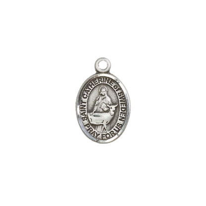 Small Sized Women's .925 Sterling Silver Saint Catherine of Sweden Medal Pendant on 18" Rhodium Plated Lite Curb Brass Chain with Lobster Claw Clasp, Catholic Religious Necklace - Made in USA- Velvet Gift Box