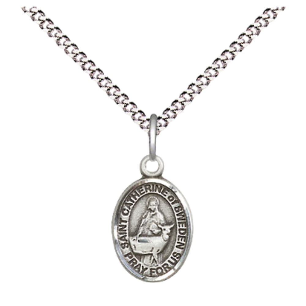 Small Sized Women's .925 Sterling Silver Saint Catherine of Sweden Medal Pendant on 18" Rhodium Plated Lite Curb Brass Chain with Lobster Claw Clasp, Catholic Religious Necklace - Made in USA- Velvet Gift Box