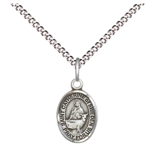 Small Sized Women's .925 Sterling Silver Saint Catherine of Sweden Medal Pendant on 18" Rhodium Plated Lite Curb Brass Chain with Lobster Claw Clasp, Catholic Religious Necklace - Made in USA- Velvet Gift Box