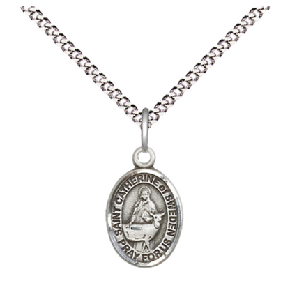 Small Sized Women's Pewter Saint St. Catherine of Sweden Medal Pendant on 18 Inch Rhodium Plated Lite Curb Brass Chain with Lobster Claw Clasp, Catholic Religious Necklace - Made in USA- Velvet Gift Box