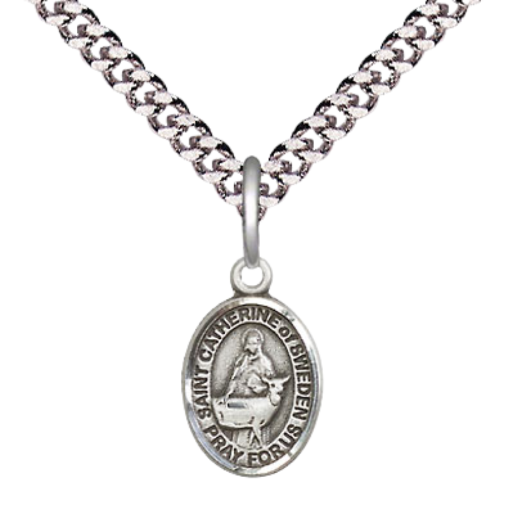 Small Sized Men's Pewter Saint St. Catherine of Sweden Medal Pendant on 24 Inch Endless Rhodium Plated Heavy Curb Brass Chain, Catholic Religious Necklace - Made in USA- Deluxe Velvet Gift Box