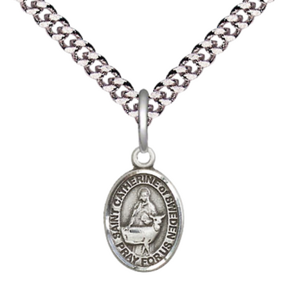 Small Sized Men's Pewter Saint St. Catherine of Sweden Medal Pendant on 24 Inch Endless Rhodium Plated Heavy Curb Brass Chain, Catholic Religious Necklace - Made in USA- Deluxe Velvet Gift Box