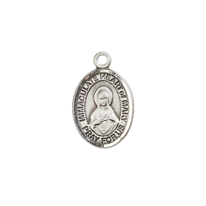 Small Sized Women's Pewter Immaculate Heart of Mary Medal Pendant on 18 Inch Rhodium Plated Lite Curb Brass Chain with Lobster Claw Clasp, Catholic Religious Necklace - Made in USA- Velvet Gift Box