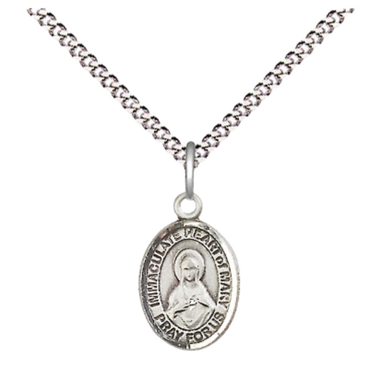 Small Sized Women's Pewter Immaculate Heart of Mary Medal Pendant on 18 Inch Rhodium Plated Lite Curb Brass Chain with Lobster Claw Clasp, Catholic Religious Necklace - Made in USA- Velvet Gift Box