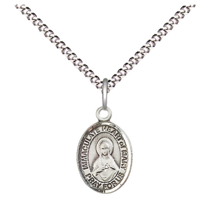 Small Sized Women's .925 Sterling Silver Immaculate Heart of Mary Medal Pendant on 18 Inch Rhodium Plated Lite Curb Brass Chain w/ Lobster Claw Clasp, Catholic Religious Necklace - Made in USA- Velvet Gift Box