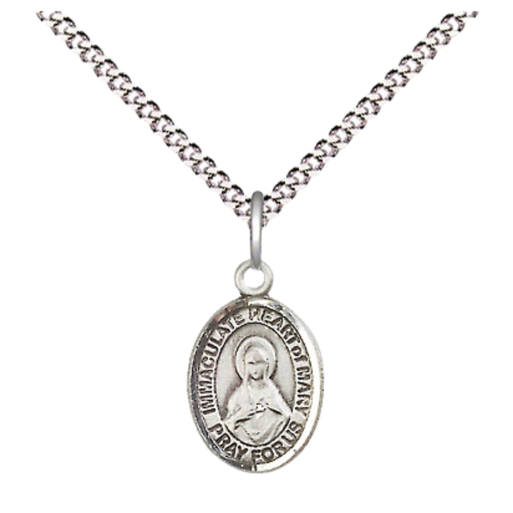 Small Sized Women's Pewter Immaculate Heart of Mary Medal Pendant on 18 Inch Rhodium Plated Lite Curb Brass Chain with Lobster Claw Clasp, Catholic Religious Necklace - Made in USA- Velvet Gift Box