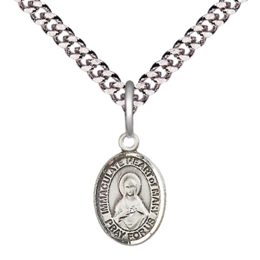 Small Sized Men's Pewter Immaculate Heart of Mary Medal Pendant on 24 Inch Endless Rhodium Plated Heavy Curb Brass Chain, Catholic Religious Necklace - Made in USA- Deluxe Velvet Gift Box