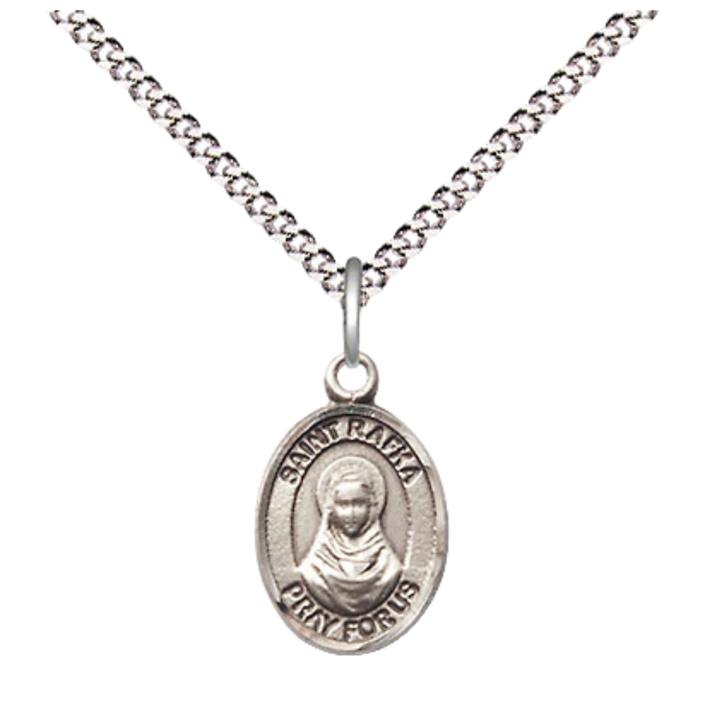 Small Sized Women's Pewter Saint St. Rafka Medal Pendant on 18 Inch Rhodium Plated Lite Curb Brass Chain with Lobster Claw Clasp, Catholic Religious Necklace - Made in USA- Velvet Gift Box